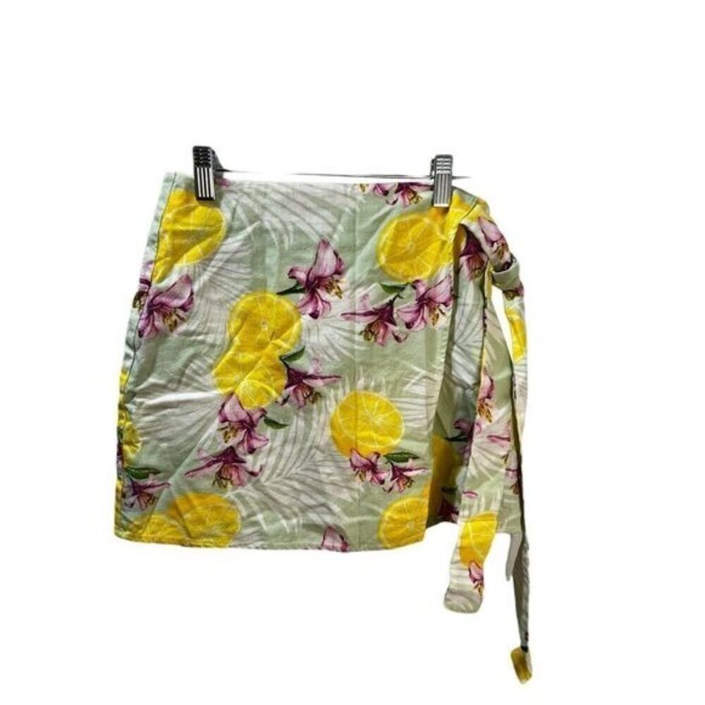 Forever‎ 21 Lemon Print Linen Mini Mock Wrap Skirt with Tie Detail Small